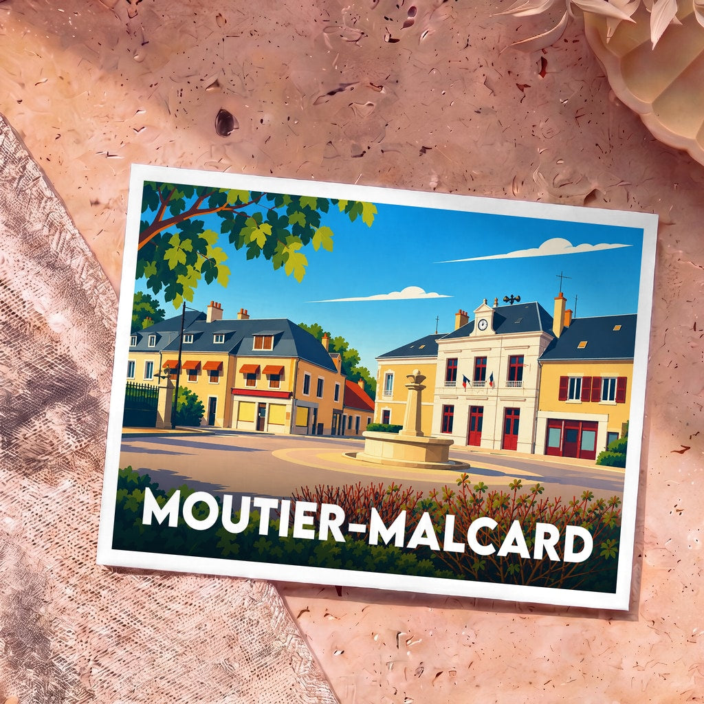Carte postale souvenir de la ville de Moutier-Malcard avec une illustration stylisée de sa place principale.