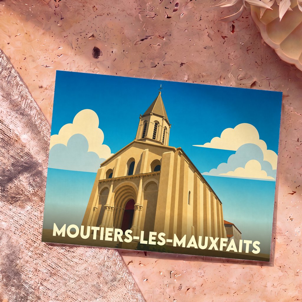Carte postale souvenir de la ville de Moutiers-les-Mauxfaits avec une illustration stylisée de son église.