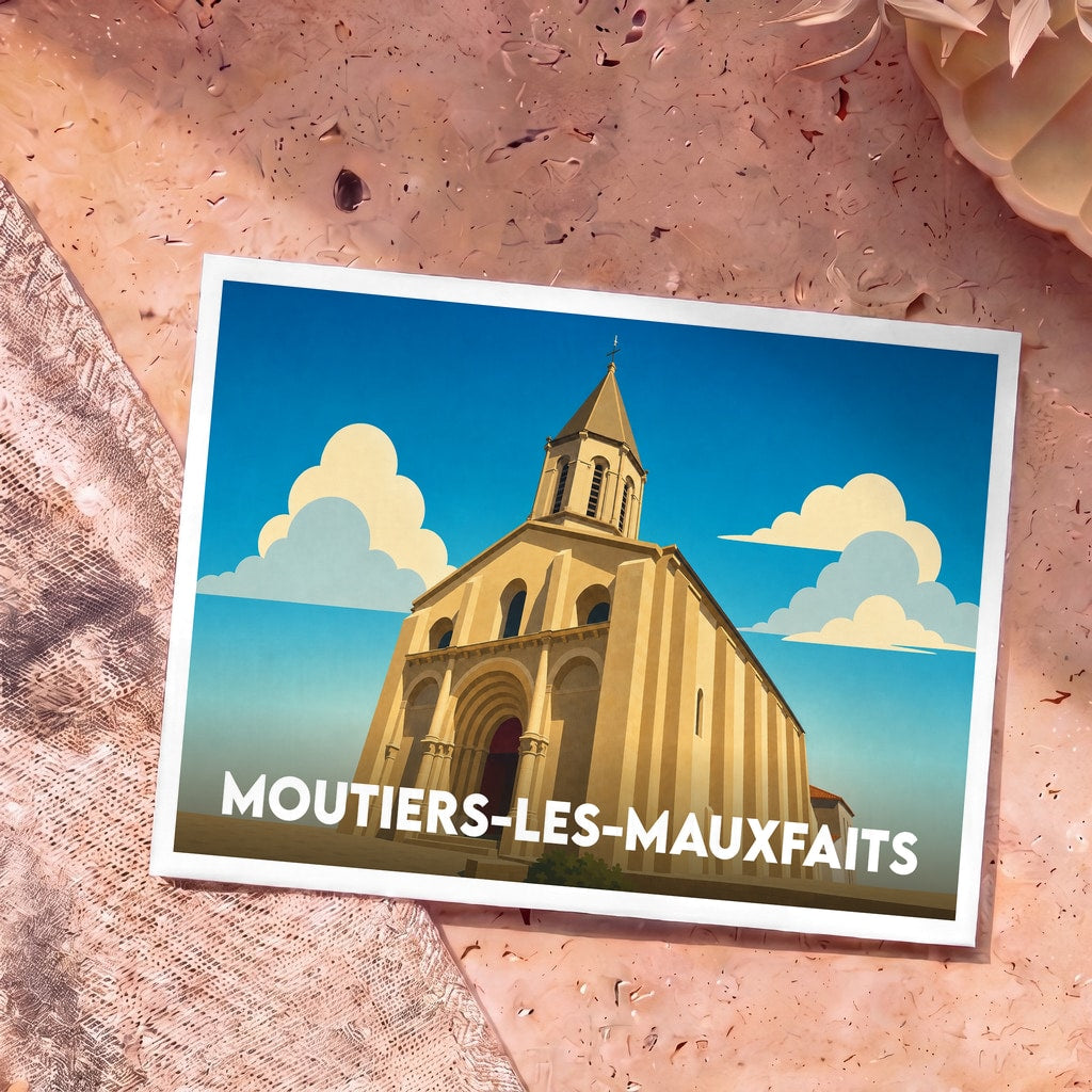 Carte postale souvenir de la ville de Moutiers-les-Mauxfaits avec une illustration stylisée de son église.