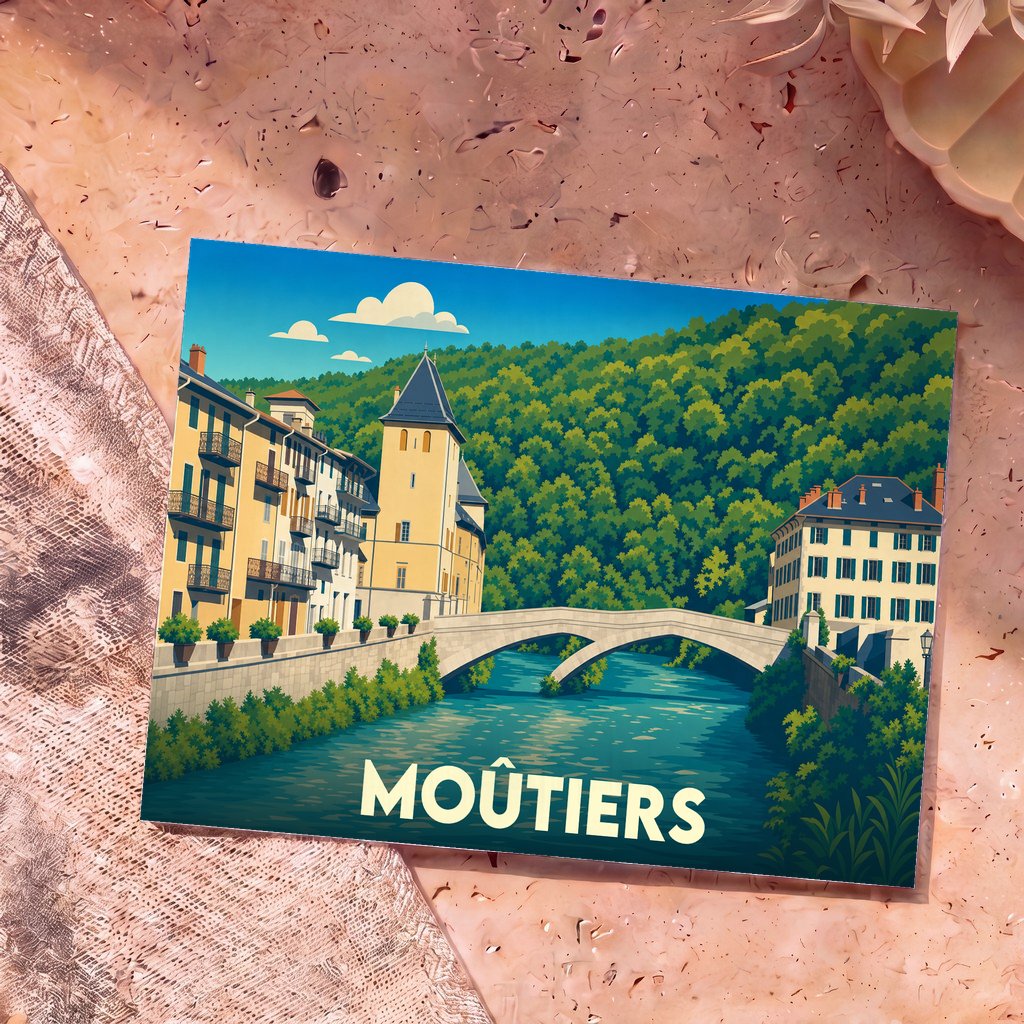 Carte postale souvenir de la ville de Moûtiers avec une illustration stylisée montrant un pont sur l'Isère et des bâtiments anciens.