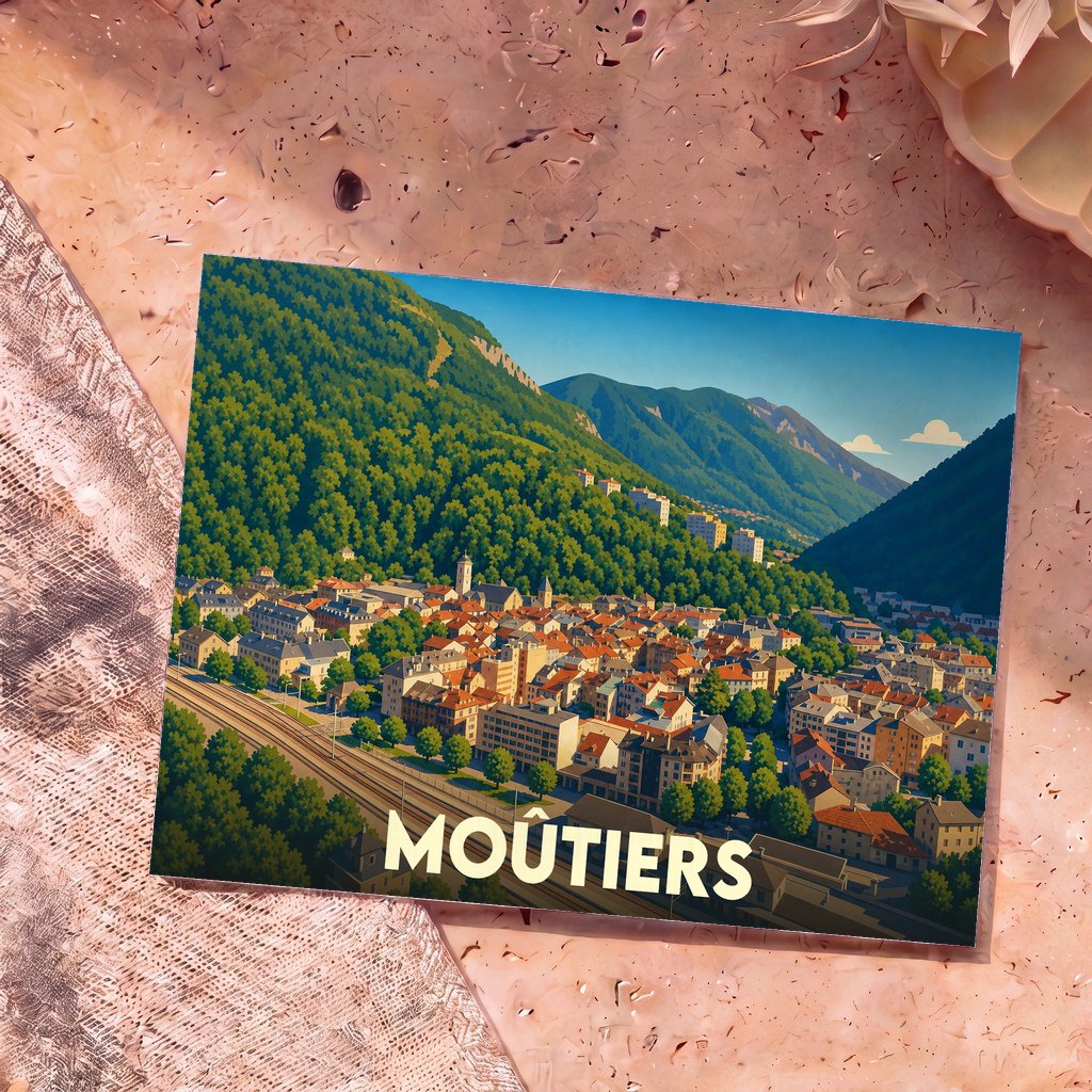 Carte postale souvenir de la ville de Moûtiers présentant une illustration stylisée d'un paysage de montagne et de ville.