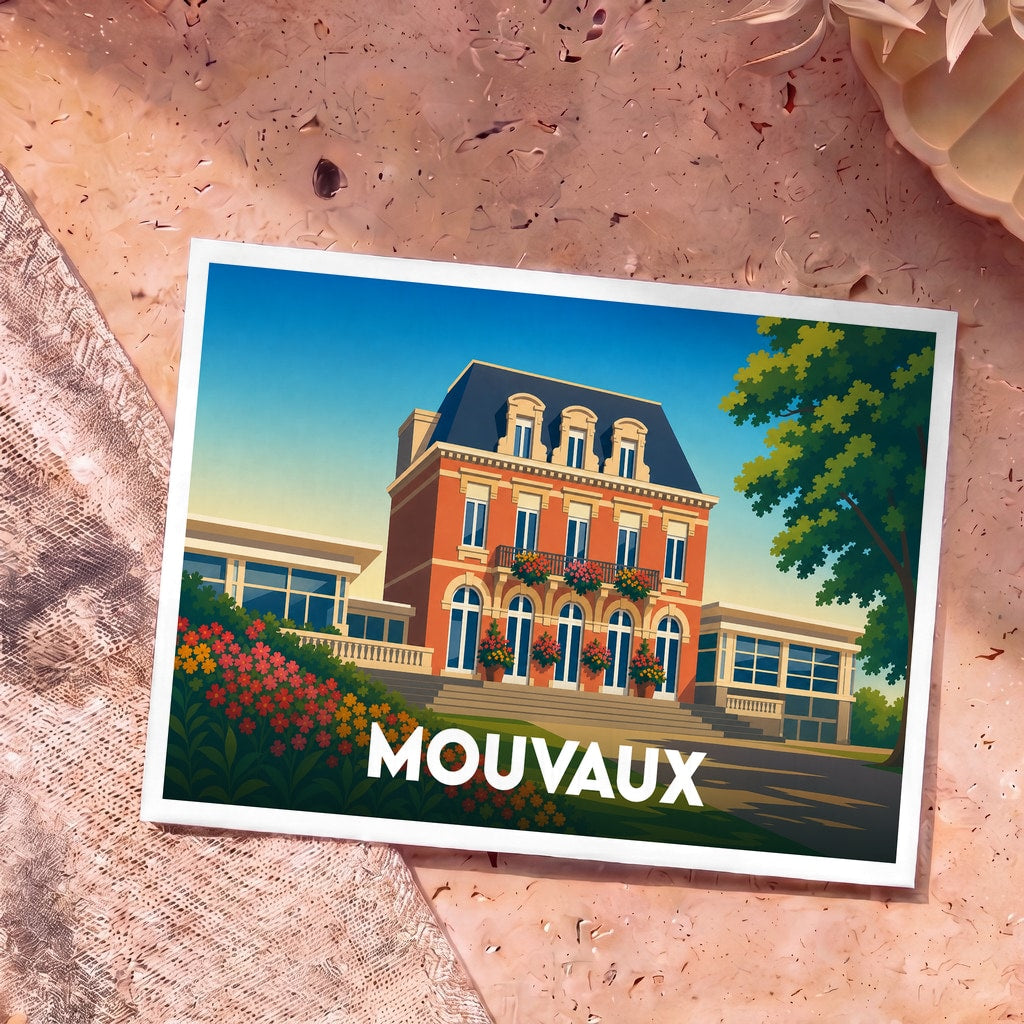Carte postale souvenir de la ville de Mouvaux avec une illustration stylisée d'un manoir en briques.