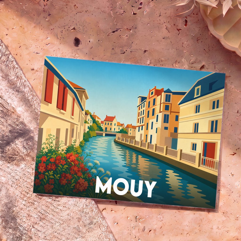 Carte postale souvenir de la ville de Mouy présentant une illustration stylisée d'un canal bordé de maisons colorées.