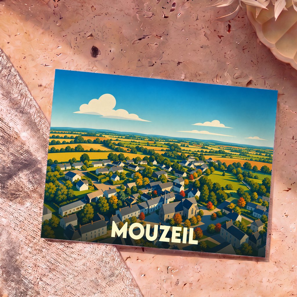 Carte postale souvenir de la ville de Mouzeil avec une illustration stylisée d'un paysage de campagne.