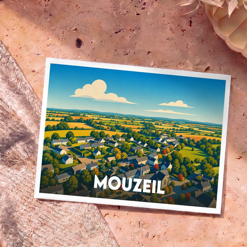 Carte postale souvenir de la ville de Mouzeil avec une illustration stylisée d'un paysage de campagne.