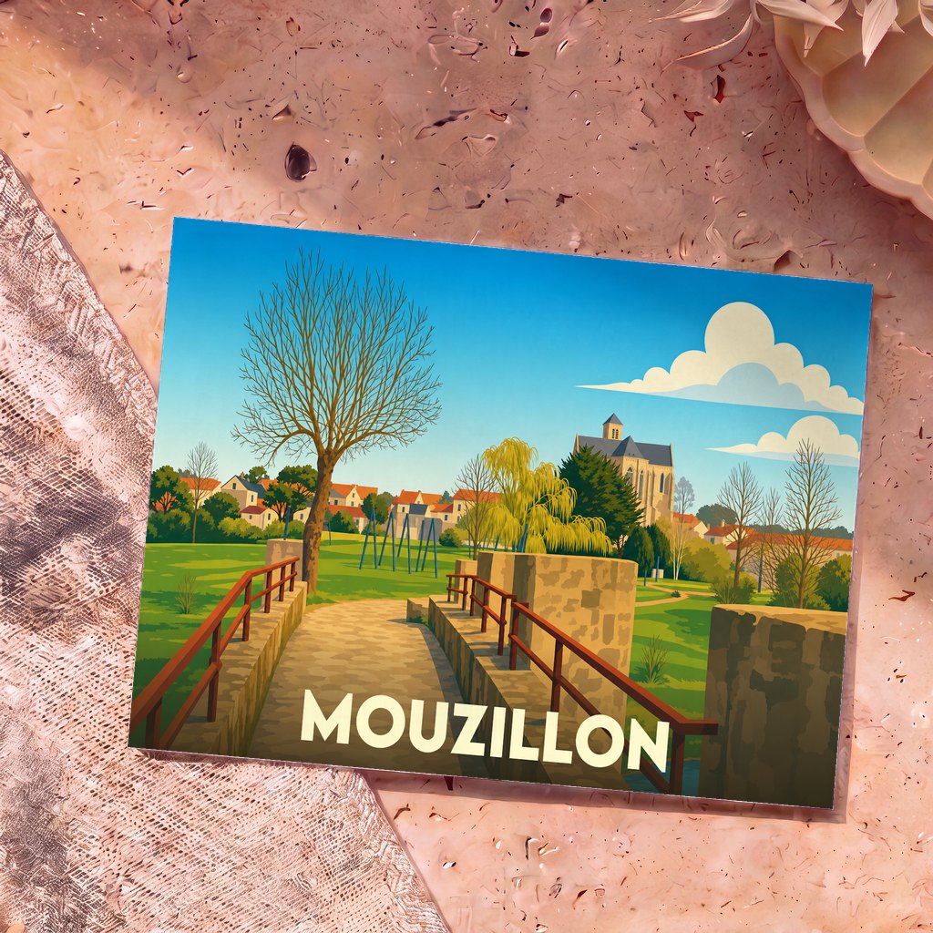 Carte postale souvenir de la ville de Mouzillon avec une illustration stylisée représentant son pont de pierre et son église.
