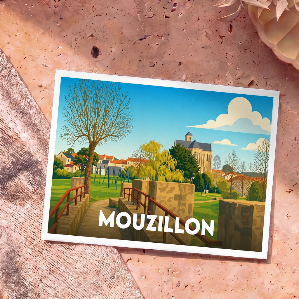 Carte postale souvenir de la ville de Mouzillon avec une illustration stylisée représentant son pont de pierre et son église.