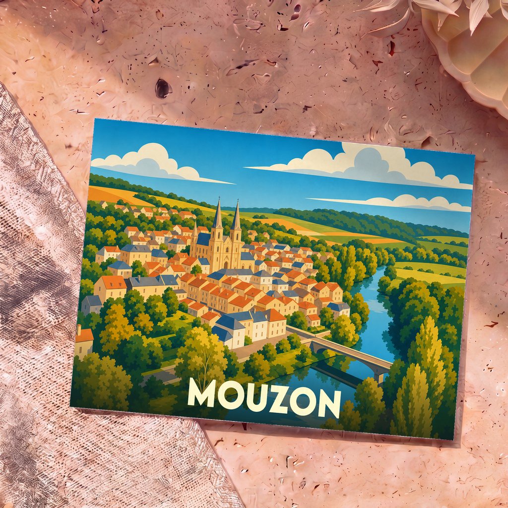 Carte postale souvenir de la ville de Mouzon avec une illustration stylisée et colorée.