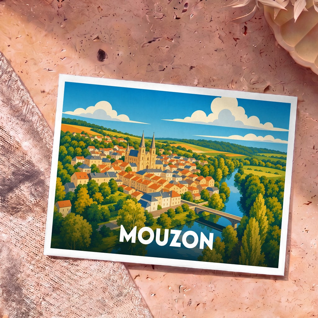 Carte postale souvenir de la ville de Mouzon avec une illustration stylisée et colorée.