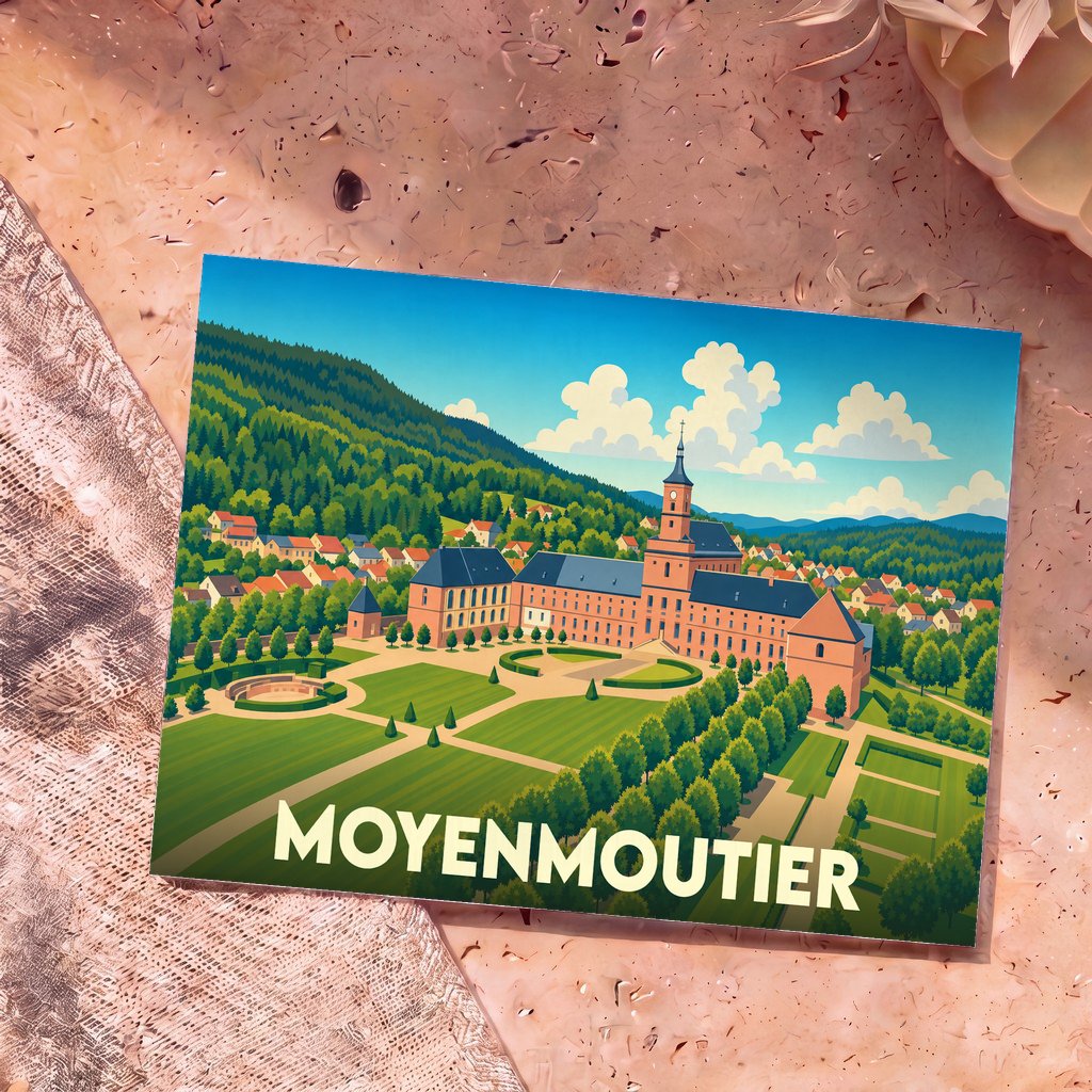 Carte postale souvenir de la ville de Moyenmoutier avec une illustration stylisée de son abbaye et de ses paysages verdoyants.