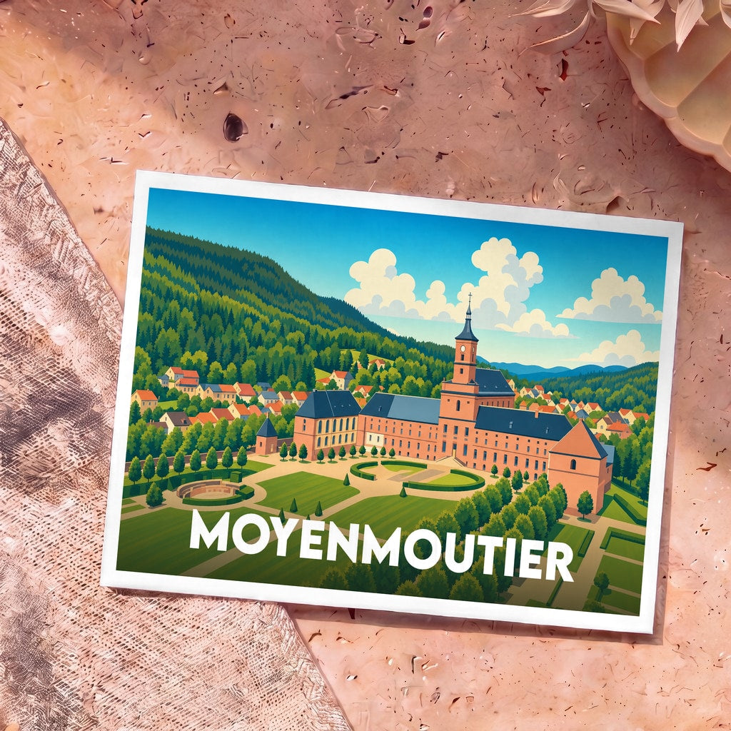 Carte postale souvenir de la ville de Moyenmoutier avec une illustration stylisée de son abbaye et de ses paysages verdoyants.