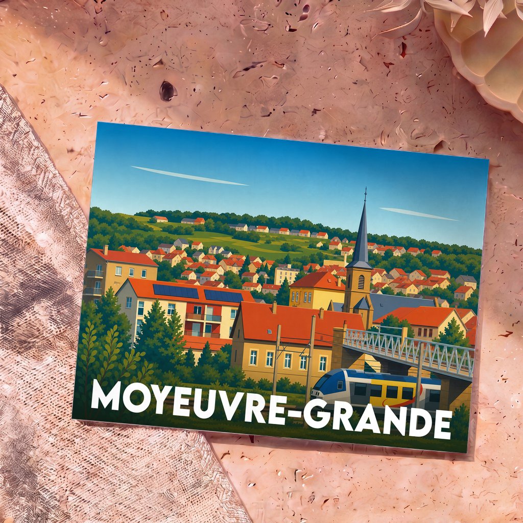 Carte postale souvenir de la ville de Moyeuvre-Grande avec une illustration stylisée et colorée.