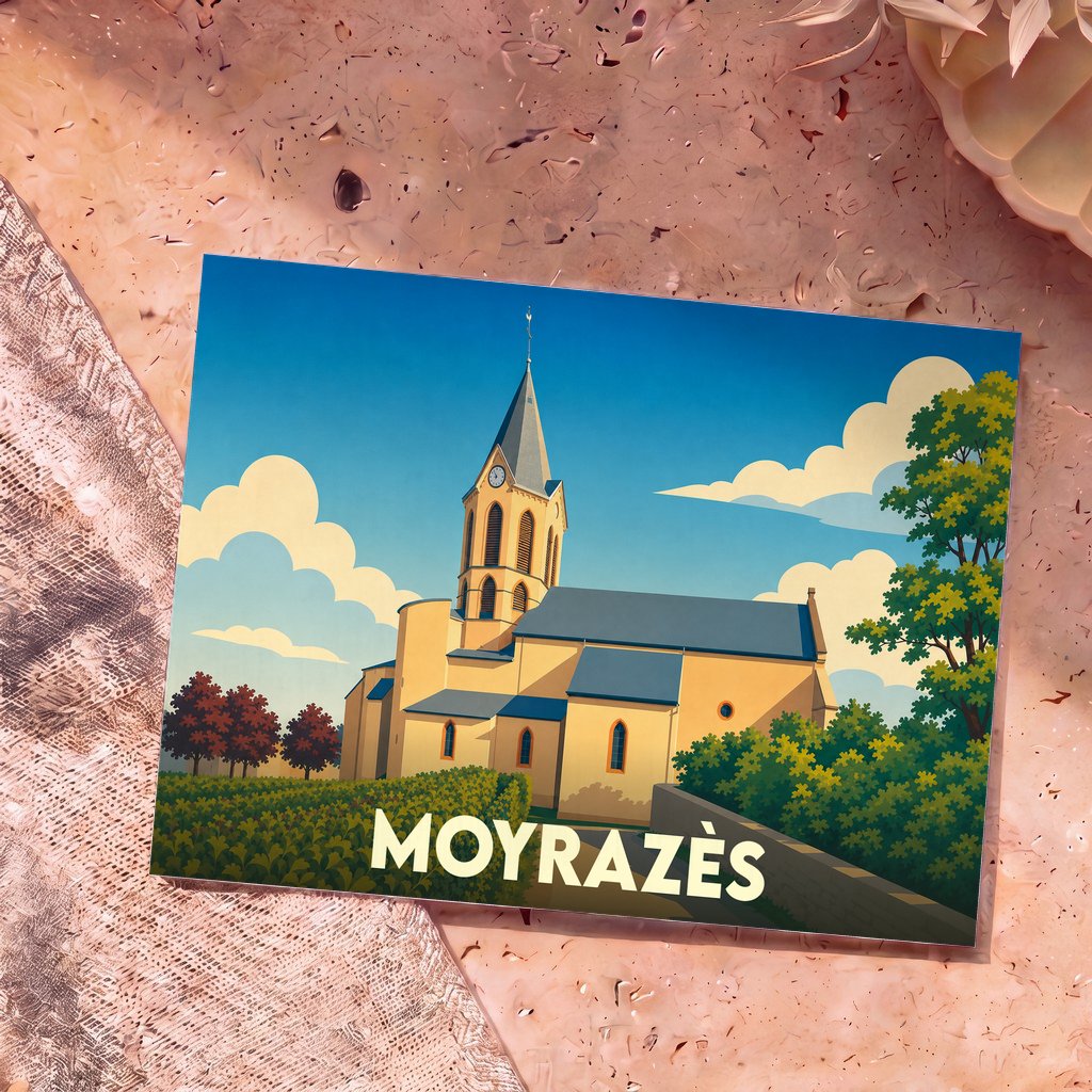 Carte postale souvenir de la ville de Moyrazès avec une illustration stylisée de son église sous un ciel bleu.