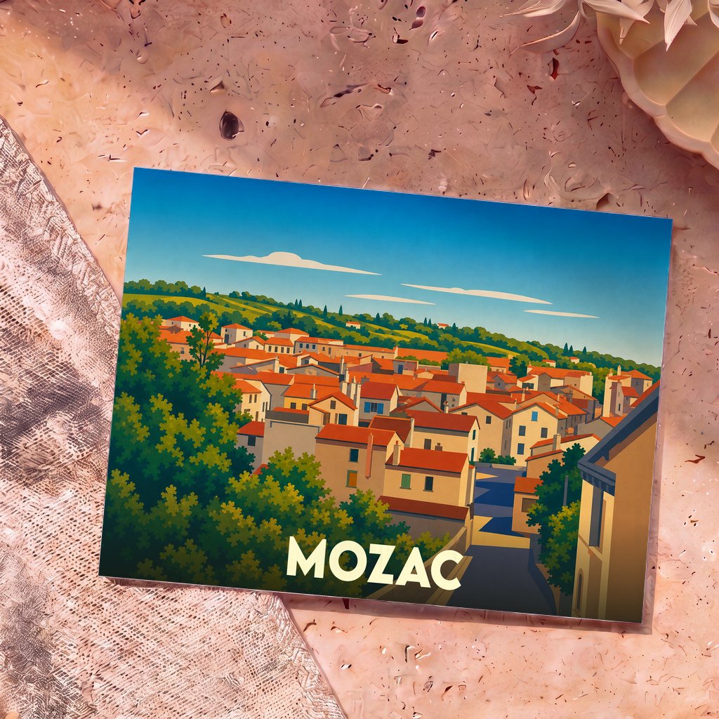 Carte postale souvenir de la ville de Mozac avec une illustration stylisée de ses toits ensoleillés.