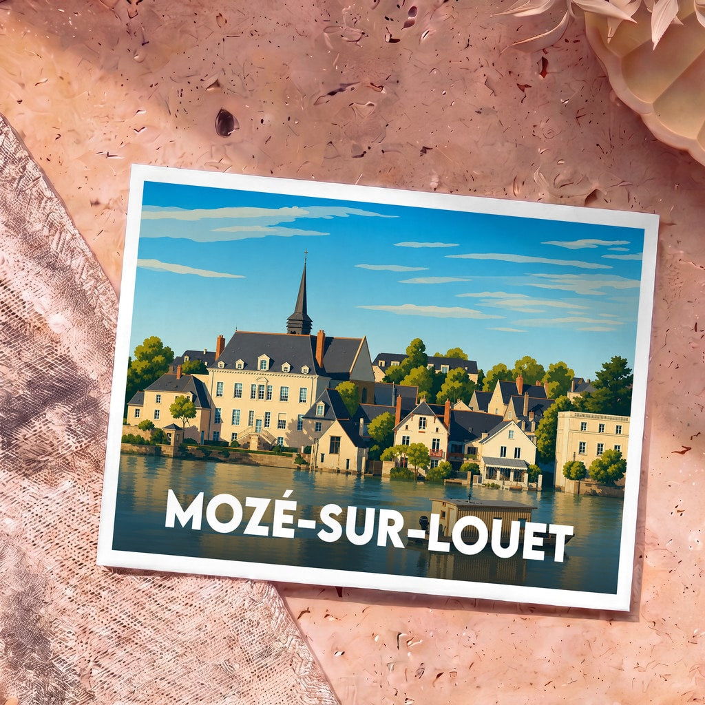 Carte postale souvenir de la ville de Mozé-sur-Louet avec une illustration stylisée d'un paysage de bord de l'eau.