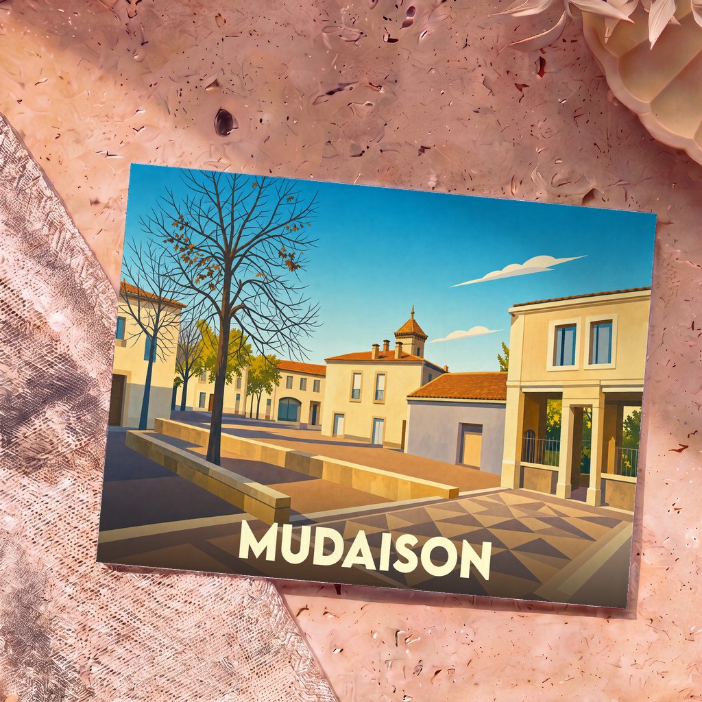 Carte postale souvenir de la ville de Mudaison avec une illustration stylisée de ses rues et de son architecture.