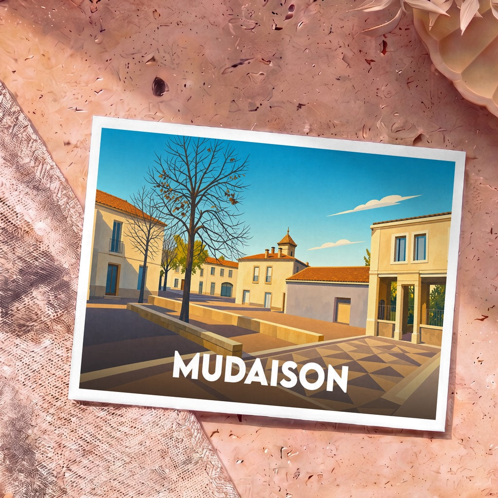 Carte postale souvenir de la ville de Mudaison avec une illustration stylisée de ses rues et de son architecture.