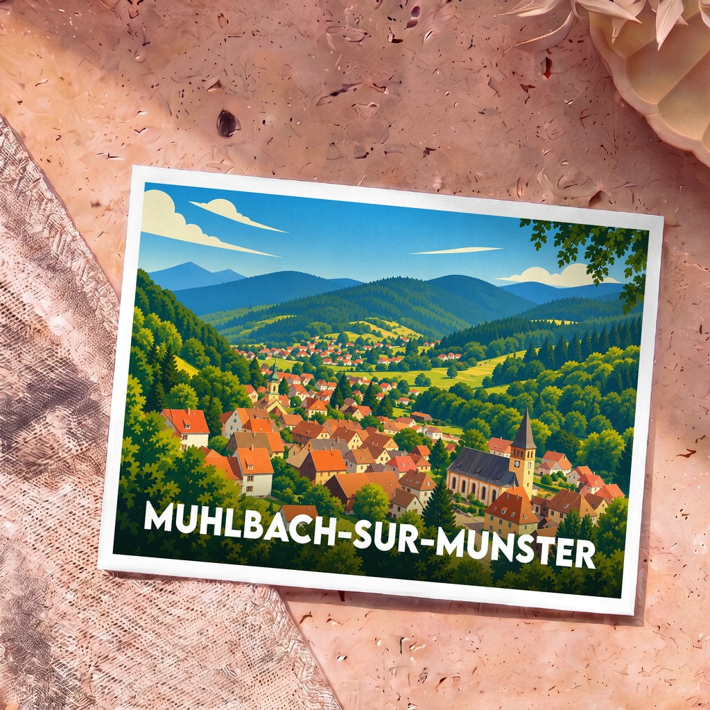 Carte postale souvenir de Muhlbach-sur-Munster avec une illustration stylisée de la ville nichée dans une vallée verdoyante.