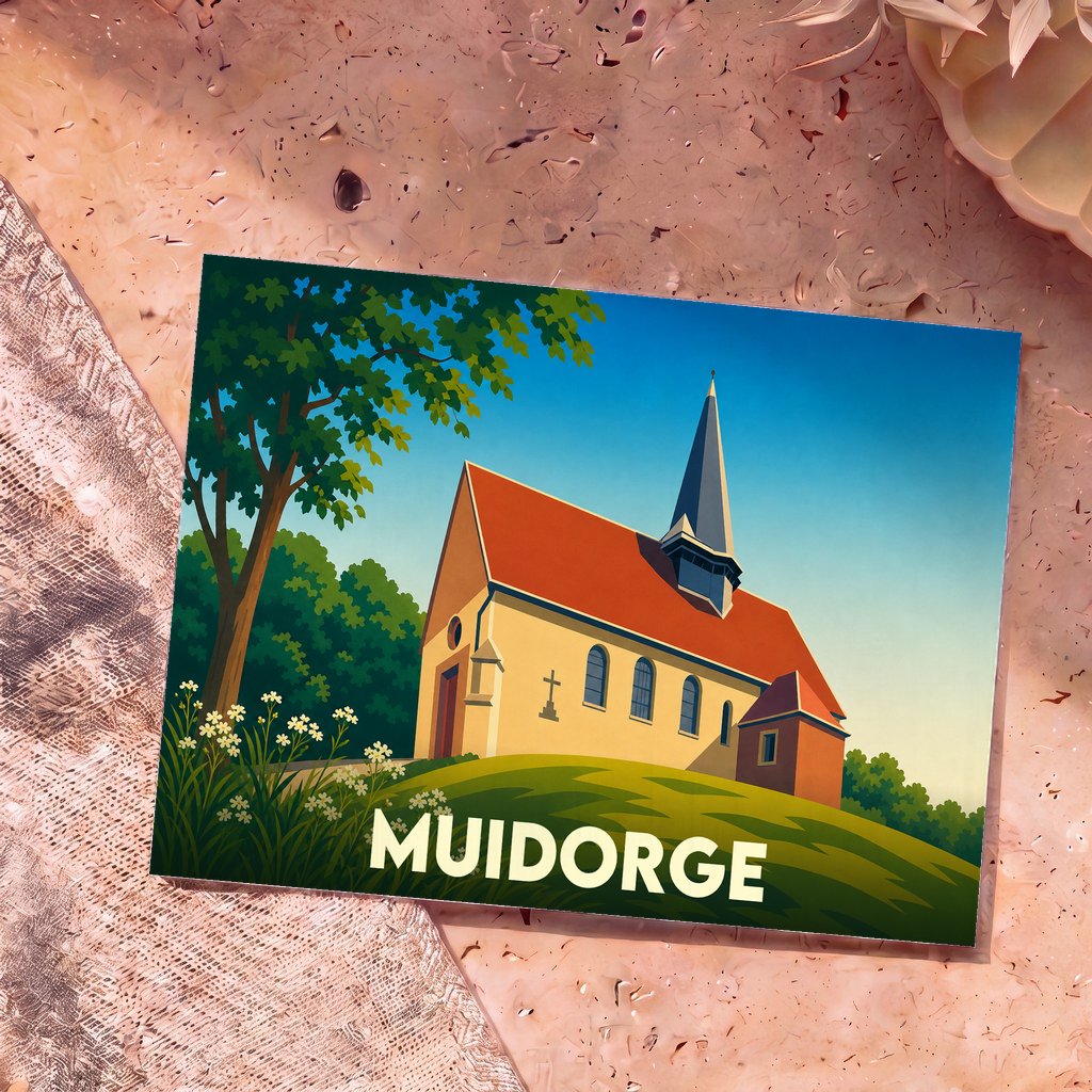 Carte postale souvenir de la ville de Muidorge avec une illustration stylisée d'une église sur une colline.