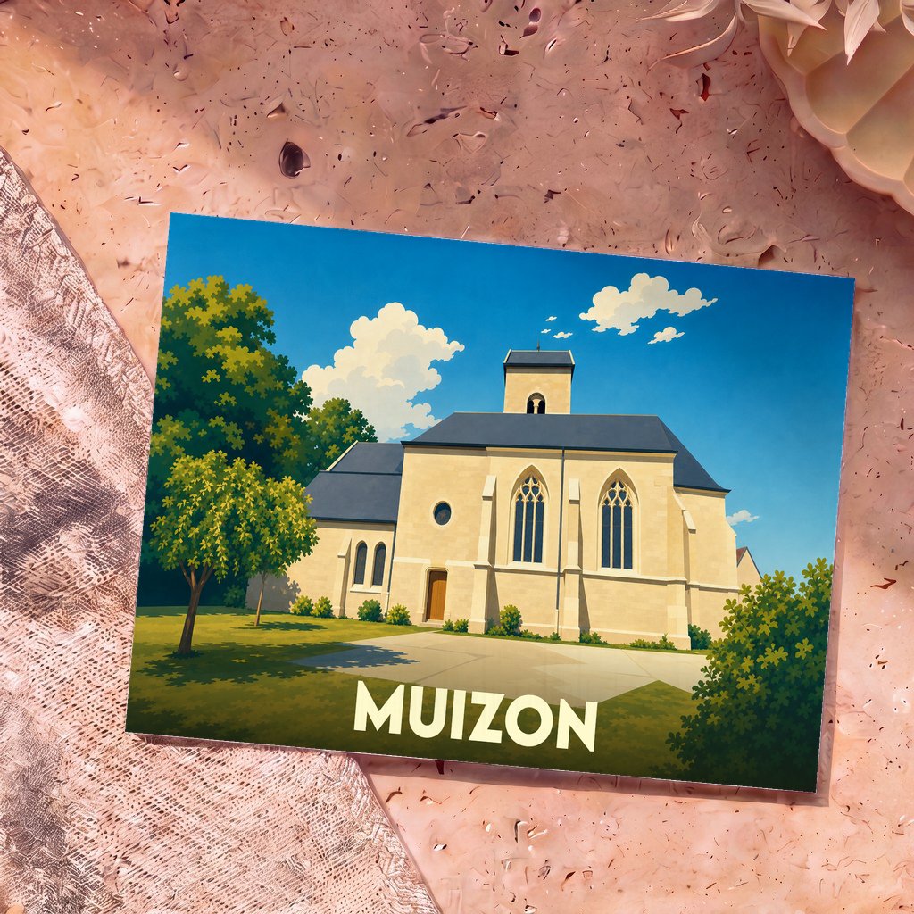 Carte postale souvenir de la ville de Muizon avec une illustration stylisée de son église sous un ciel bleu.
