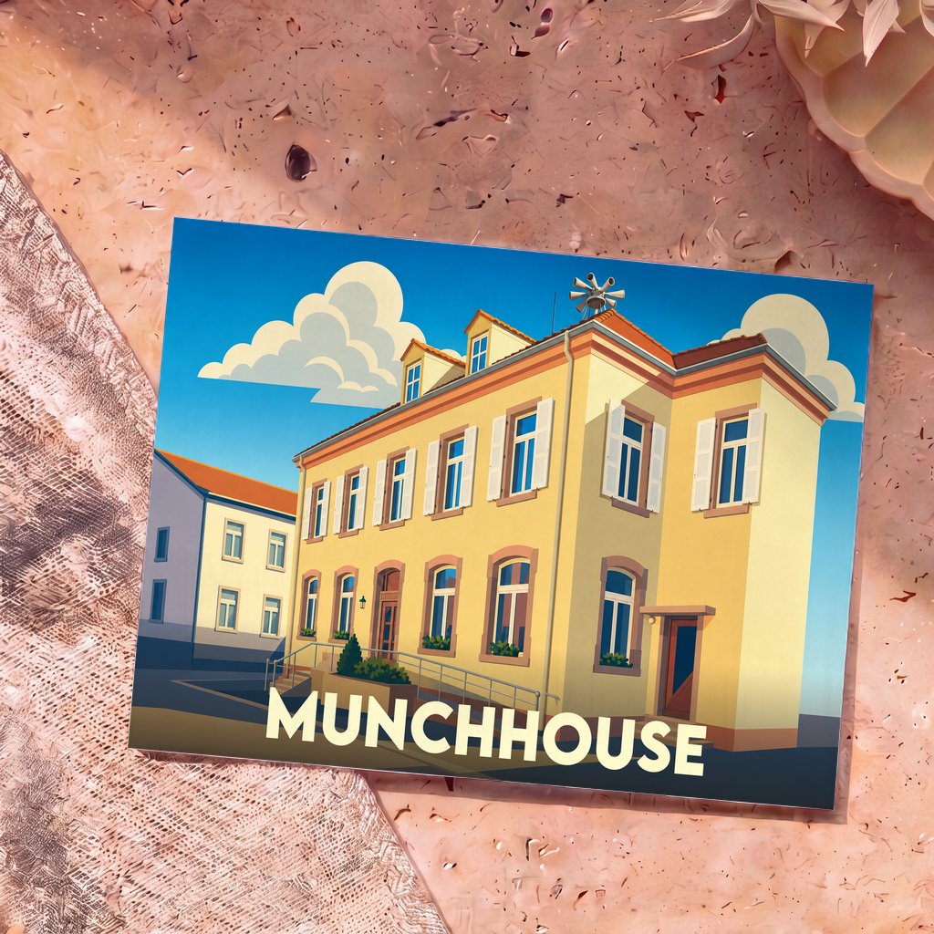 Carte postale souvenir de la ville de Munchhouse avec une illustration stylisée d'un bâtiment jaune.
