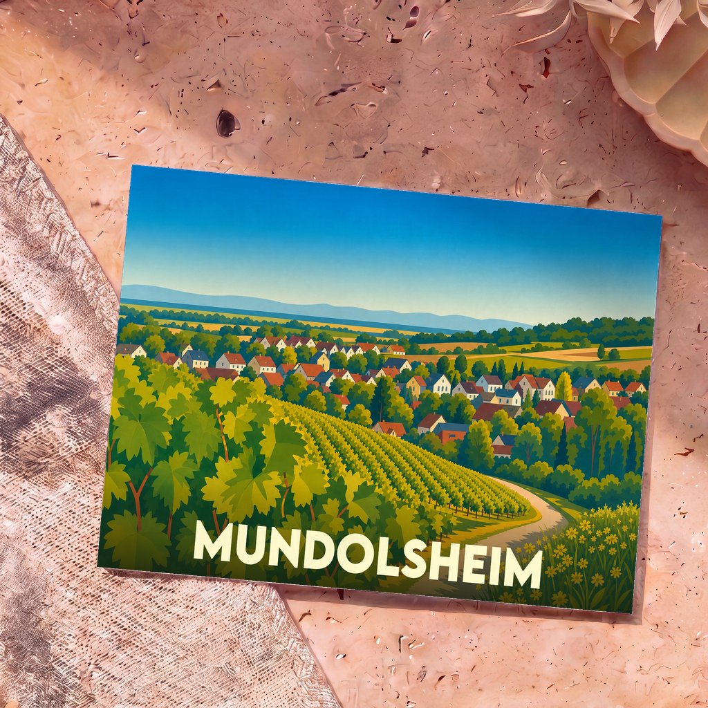 Carte postale souvenir de la ville de Mundolsheim avec une illustration stylisée de son paysage de vignobles.