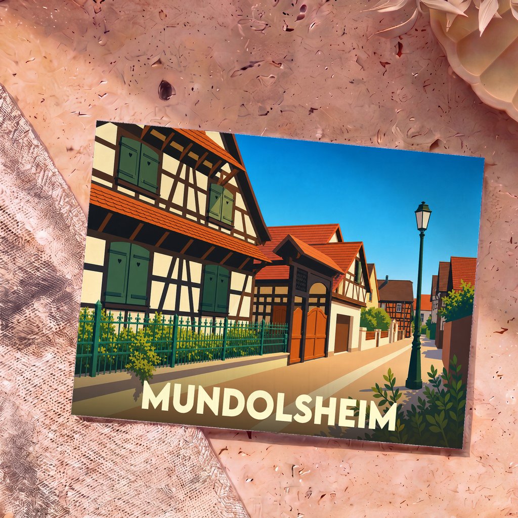 Carte postale souvenir de Mundolsheim représentant une rue typique avec des maisons à colombages dans un style illustré.