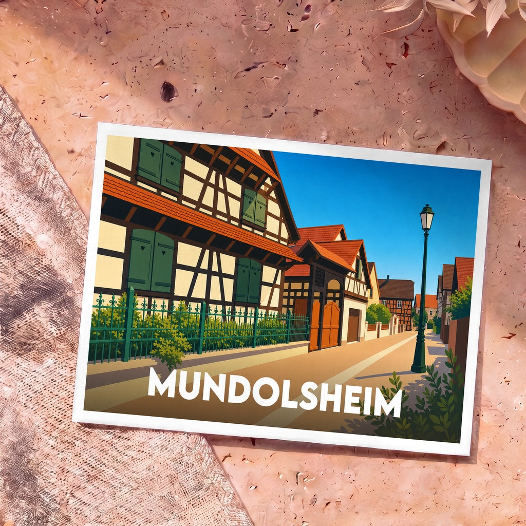 Carte postale souvenir de Mundolsheim représentant une rue typique avec des maisons à colombages dans un style illustré.