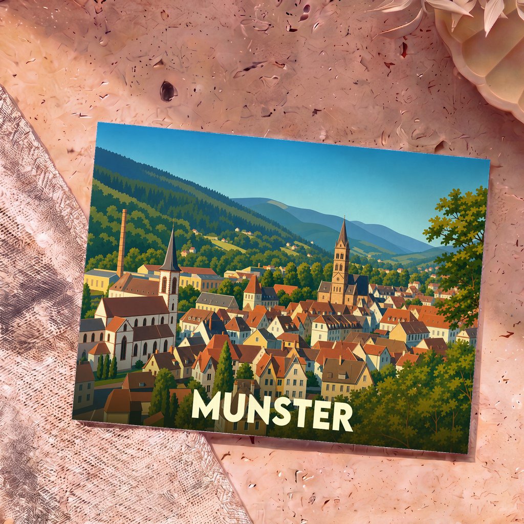 Carte postale souvenir de la ville de Munster avec une illustration stylisée de ses églises et montagnes.