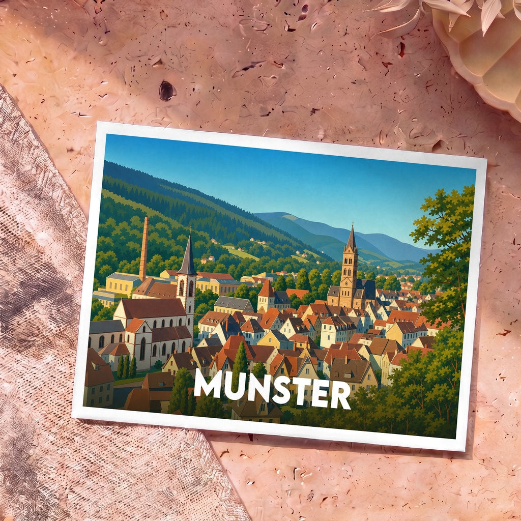 Carte postale souvenir de la ville de Munster avec une illustration stylisée de ses églises et montagnes.