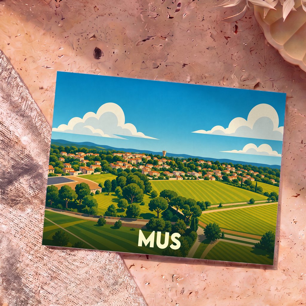 Carte postale souvenir de la ville de Mus avec une illustration stylisée de ses paysages et habitations.