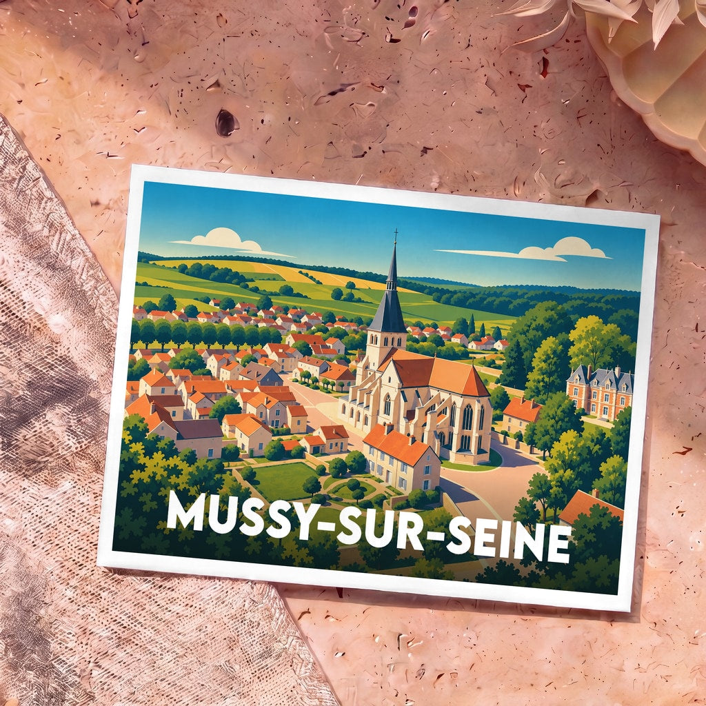 Carte postale souvenir de la ville de Mussy-sur-Seine présentant une illustration stylisée de son église et de ses paysages vallonnés.