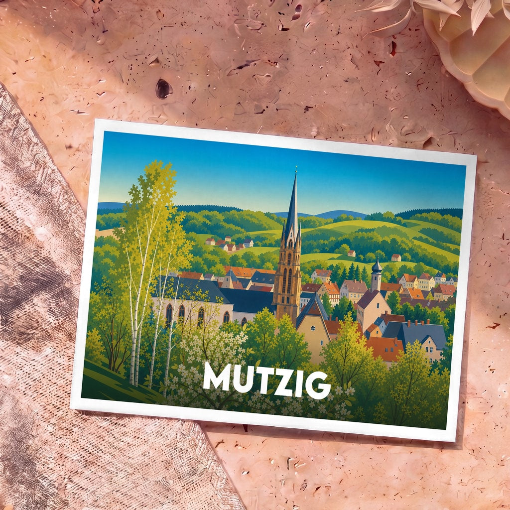 Carte postale souvenir de la ville de Mutzig illustrant son église et ses collines verdoyantes dans un style graphique épuré.