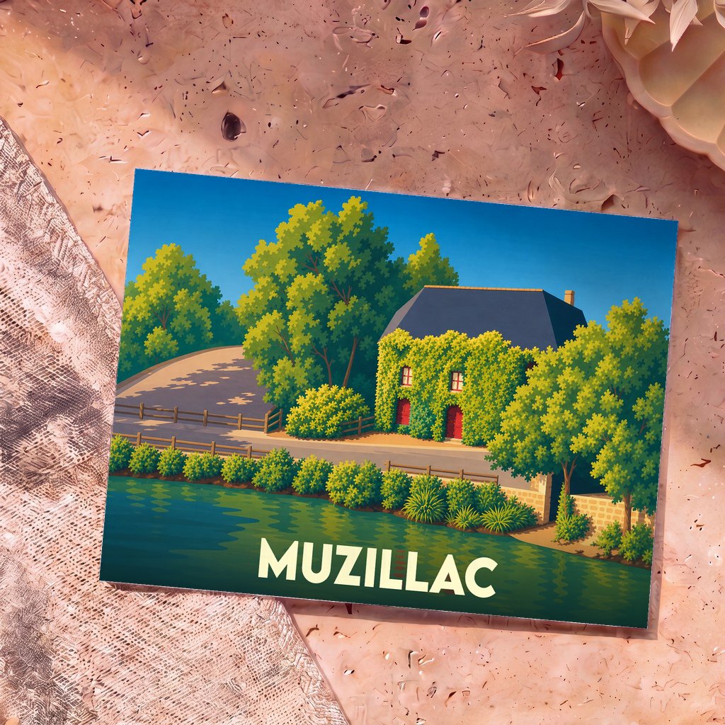 Carte postale souvenir de la ville de Muzillac avec une illustration colorée d'une maison fleurie au bord de l'eau.
