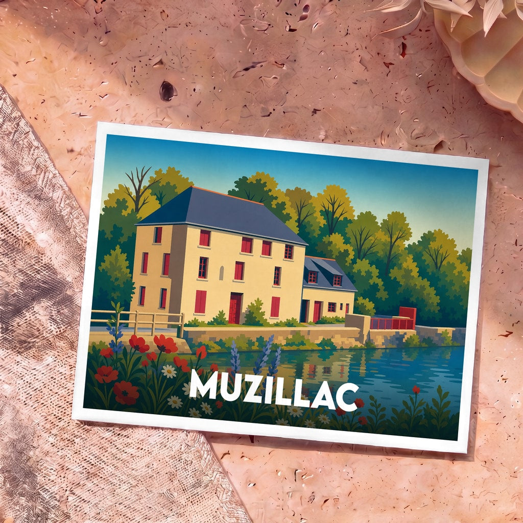 Carte postale souvenir de la ville de Muzillac avec une illustration colorée et stylisée d'un moulin au bord de l'eau.