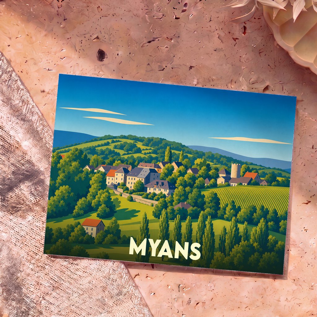 Carte postale souvenir de la ville de Myans illustrant son village vallonné dans un style graphique épuré.