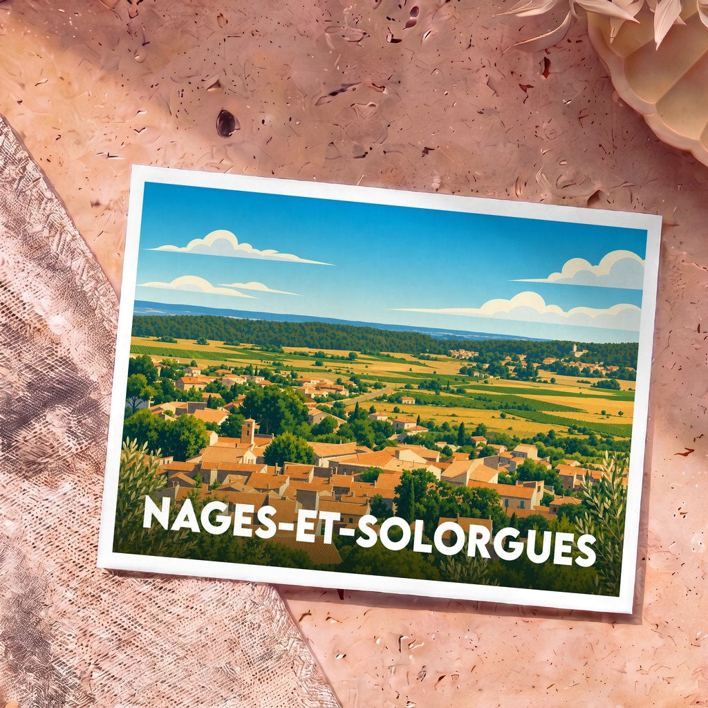 Carte postale souvenir de la ville de Nages-et-Solorgues avec une illustration stylisée de son paysage provençal.