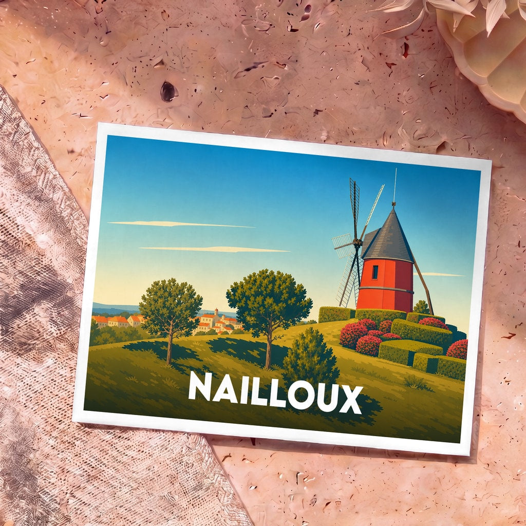 Carte postale souvenir de la ville de Nailloux illustrant son célèbre moulin rouge sur une colline verdoyante.