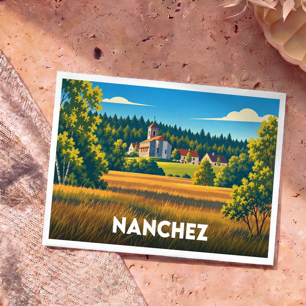 Carte postale souvenir de la commune de Nanchez avec une illustration stylisée d'un paysage rural et son église.