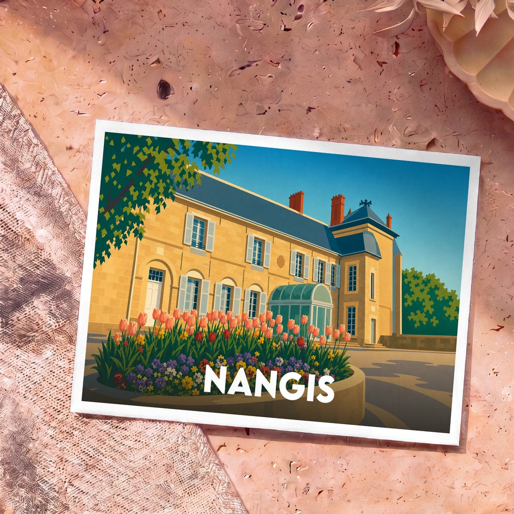 Carte postale souvenir de la ville de Nangis avec une illustration stylisée de son château et de parterres de fleurs.