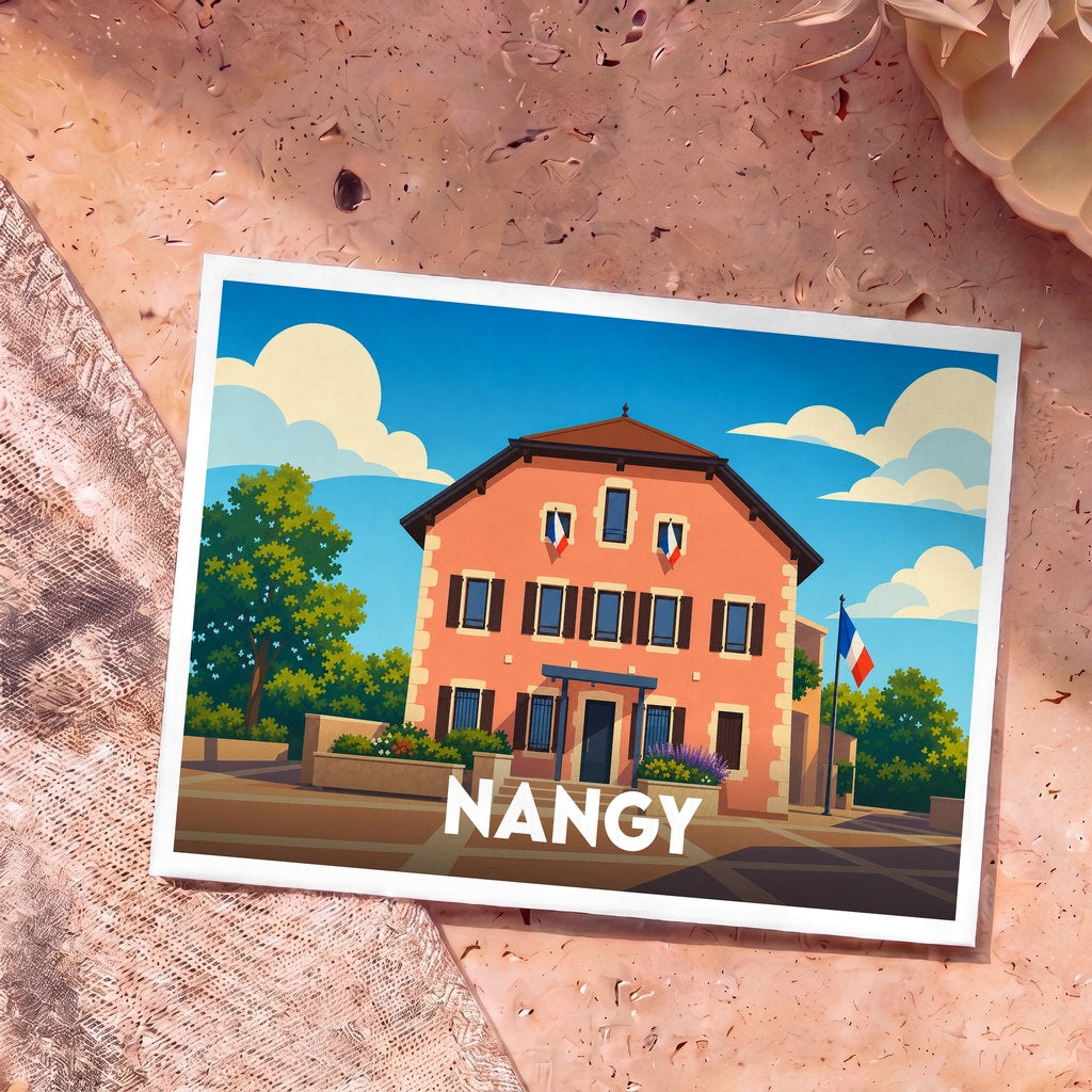 Carte postale souvenir de la ville de Nangy avec une illustration stylisée d'un bâtiment typique.