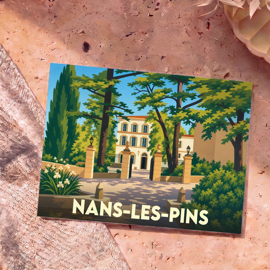 Carte postale souvenir de la ville de Nans-les-Pins avec une illustration stylisée d'une bastide provençale.