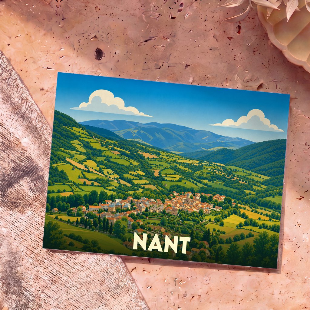Carte postale souvenir de la ville de Nant avec une illustration stylisée de son village niché dans une vallée verdoyante.