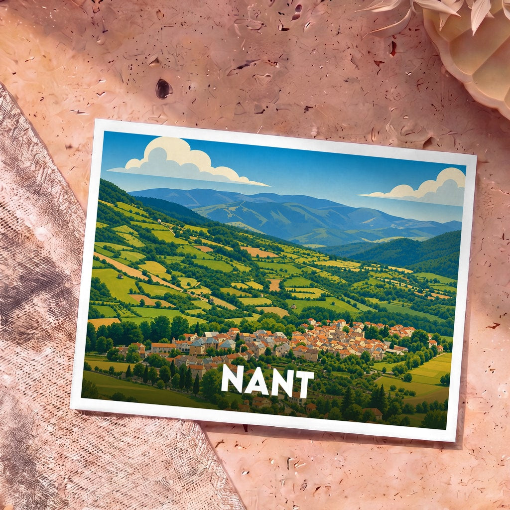 Carte postale souvenir de la ville de Nant avec une illustration stylisée de son village niché dans une vallée verdoyante.