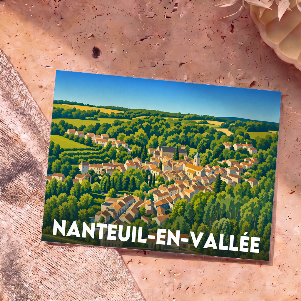 Carte postale souvenir de Nanteuil-en-Vallée illustrant le village niché au cœur d'un vallon verdoyant.