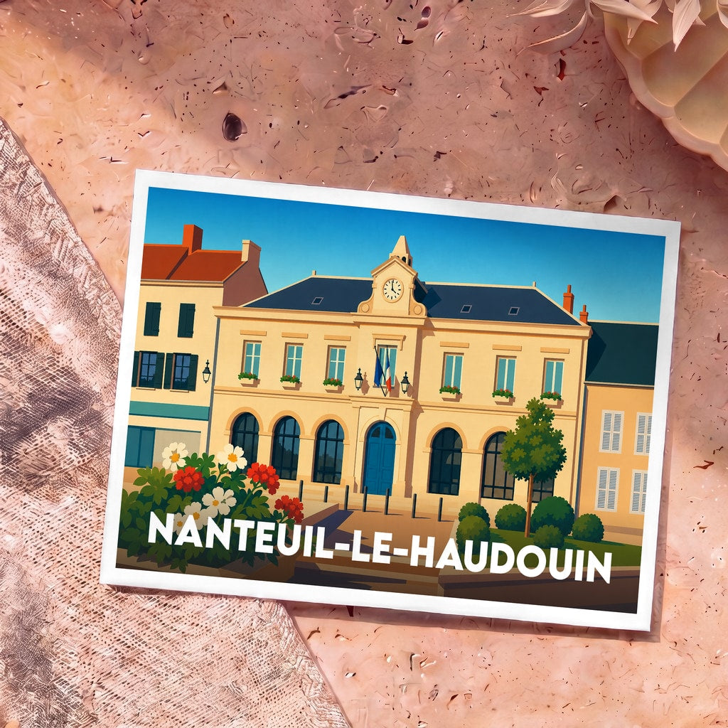 Carte postale souvenir de la ville de Nanteuil-le-Haudouin avec une illustration stylisée de l'hôtel de ville.