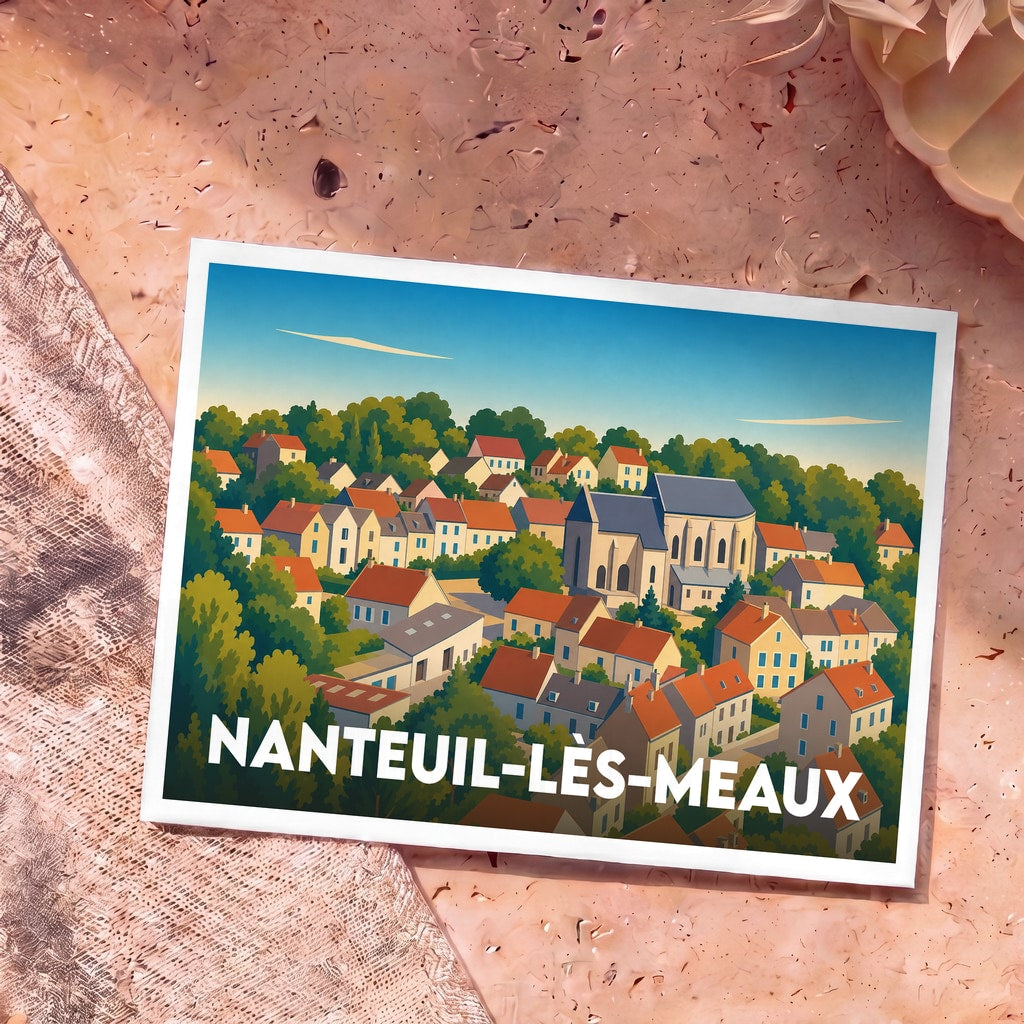 Carte postale souvenir de la ville de Nanteuil-lès-Meaux avec une illustration stylisée et colorée.