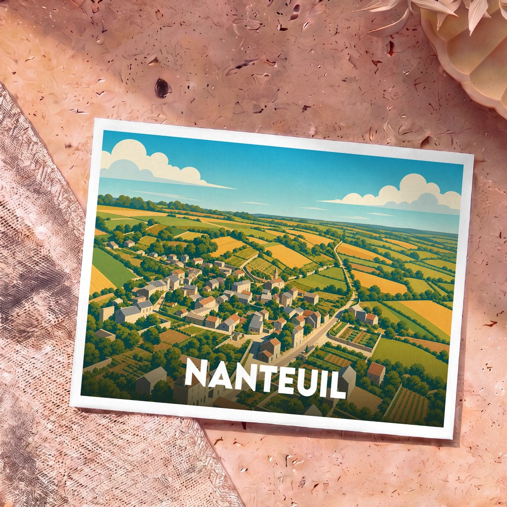 Carte postale souvenir de la ville de Nanteuil arborant une illustration stylisée et colorée de son paysage rural.