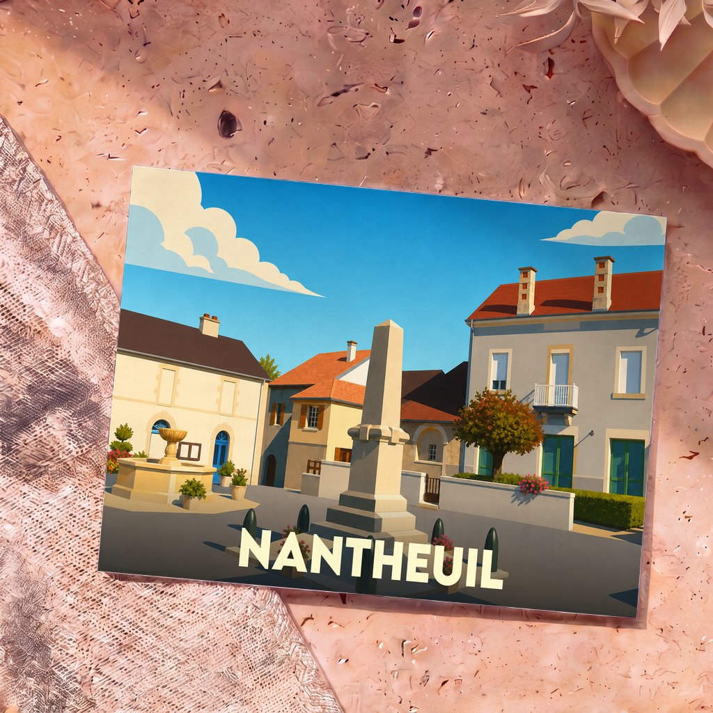 Carte postale souvenir de la ville de Nantheuil avec une illustration stylisée montrant une place ensoleillée et son monument.