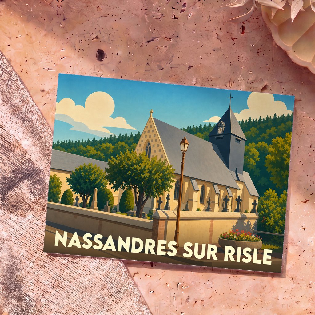 Carte postale souvenir de la ville de Nassandres sur Risle illustrant une église et son cimetière dans un style graphique épuré.